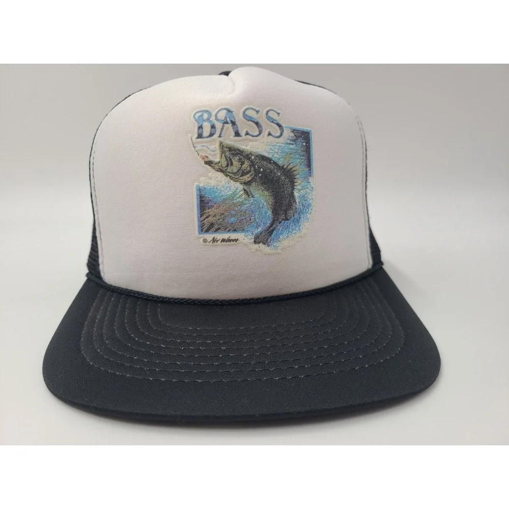 Vintage Bass‎ Fishing Mesh Trucker Snapback Hat Cap Outdoors Nature White Black